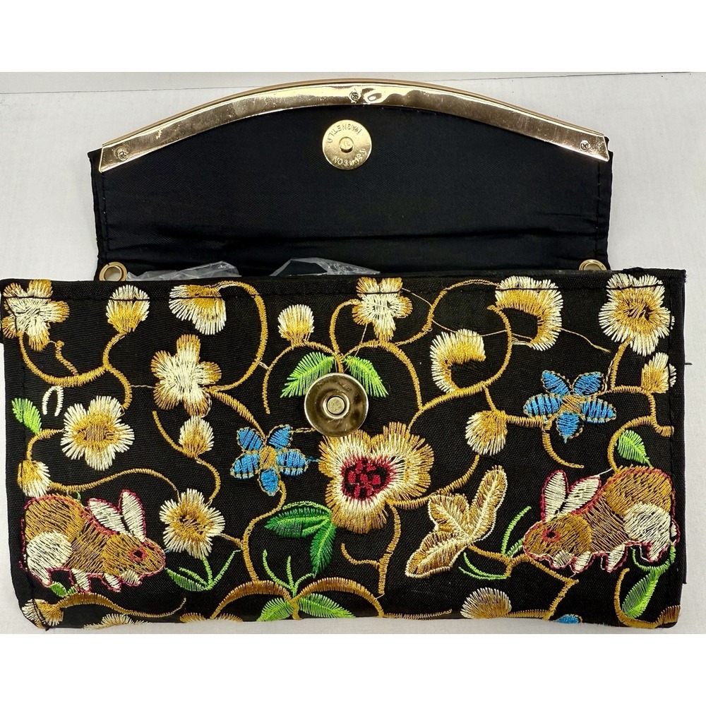 Floral Embroidered Black Fabric Clutch Purse w/ Rabbit Motif Crossbody Strap‎ - Picture 2 of 15